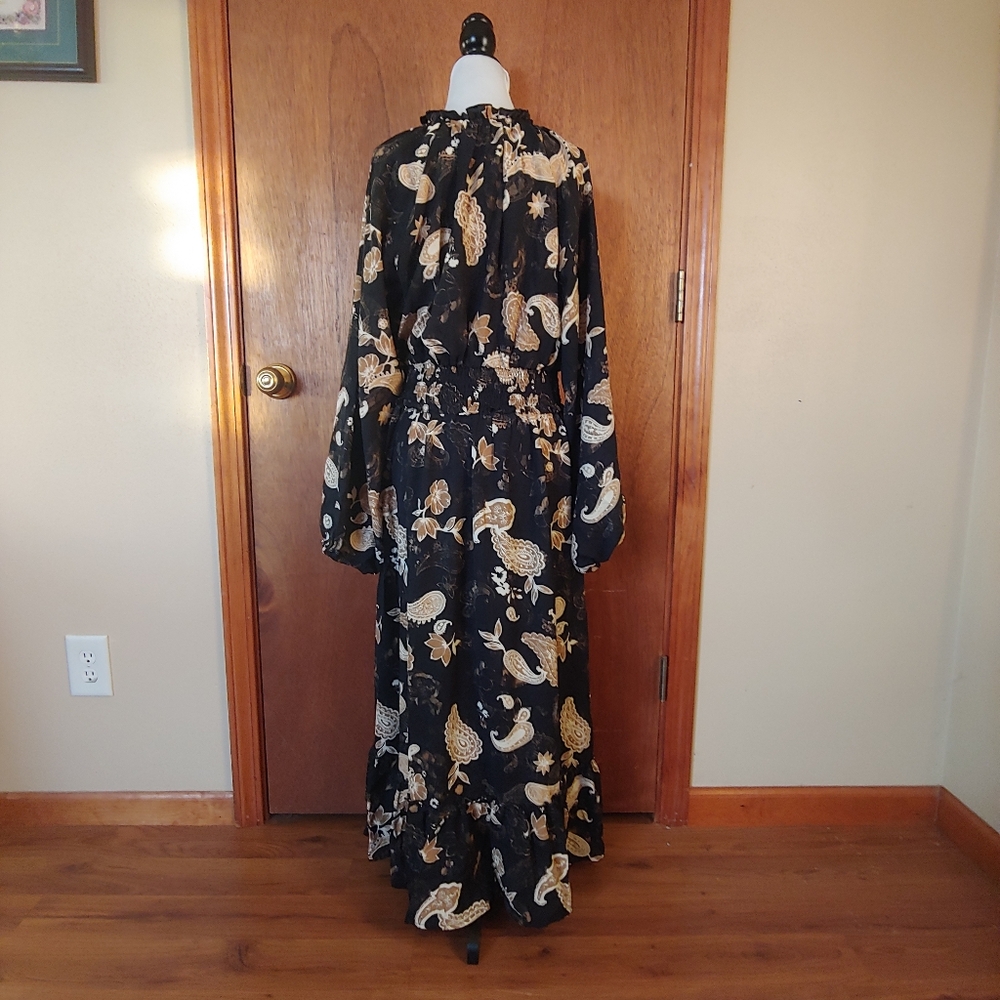 Like New Blencot Black Yellow Paisley Floral Long Sleeve Flowy Maxi Dress L - Picture 5 of 13